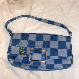 Y2K denim shoulder bag with flower detail